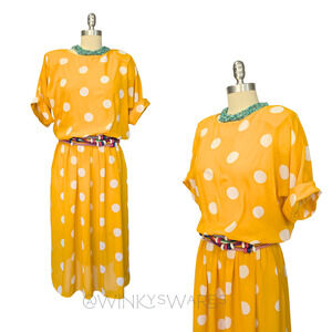 Vintage 80s Yellow Polka Dot Midi Dress Size M Short Sleeve Retro Belted